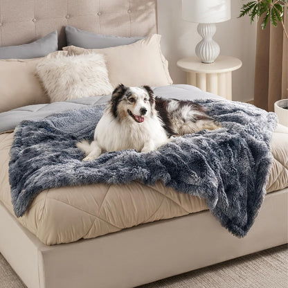 Waterproof Dog Blankets for Large Dogs, Fluffy Faux Fur, 50×60" | Plush Fuzzy Reversible Pet Blankets for Couch and Dog Bed, Soft Calming Throw Cat Blanket Washable, Dog Gift, Tie-dye Grey