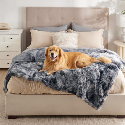 Waterproof Dog Blankets for Large Dogs, Fluffy Faux Fur, 50×60" | Plush Fuzzy Reversible Pet Blankets for Couch and Dog Bed, Soft Calming Throw Cat Blanket Washable, Dog Gift, Tie-dye Grey