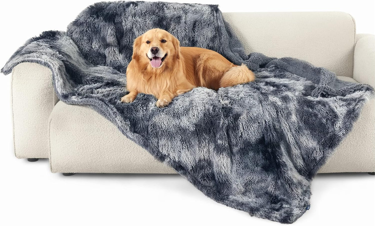 Waterproof Dog Blankets for Large Dogs, Fluffy Faux Fur, 50×60" | Plush Fuzzy Reversible Pet Blankets for Couch and Dog Bed, Soft Calming Throw Cat Blanket Washable, Dog Gift, Tie-dye Grey