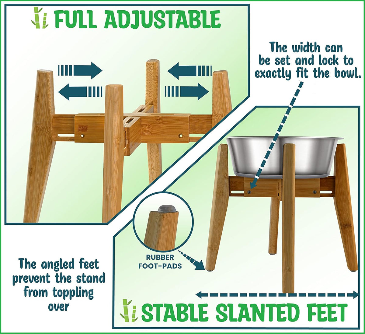 Dog Bowl Stand for Mid-Large Dogs | Adjustable, Bamboo, 12-inch High | Use to Elevate, Raise Pet Food Water and Slow Feeder Bowls, Expandable with Locking Option, Non-Slip Feet, Stand Only