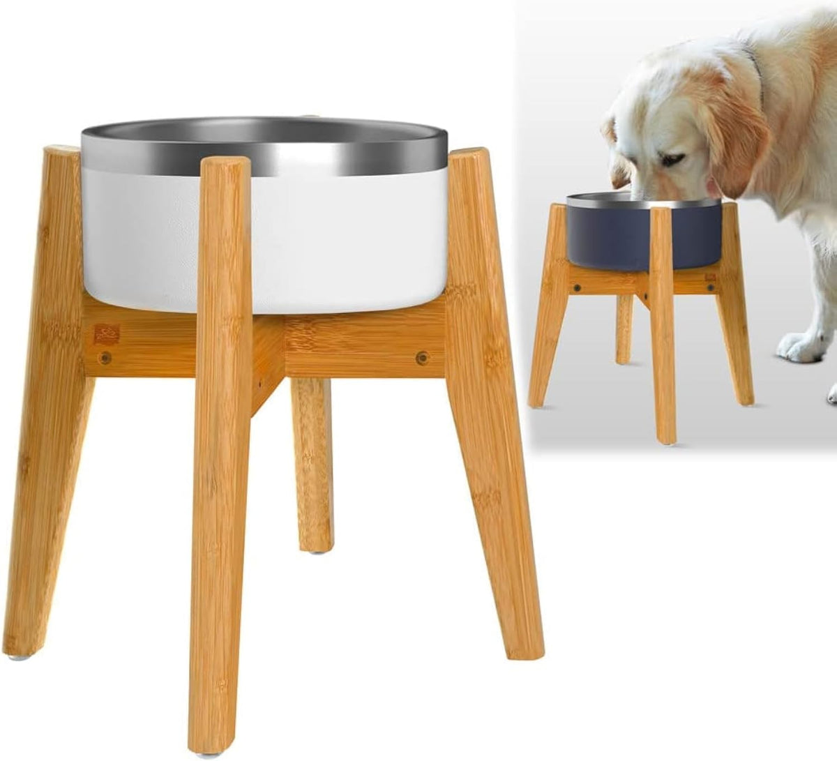 Dog Bowl Stand for Mid-Large Dogs | Adjustable, Bamboo, 12-inch High | Use to Elevate, Raise Pet Food Water and Slow Feeder Bowls, Expandable with Locking Option, Non-Slip Feet, Stand Only