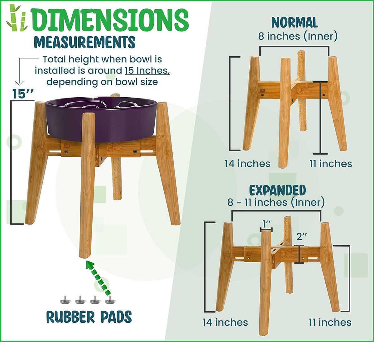 Dog Bowl Stand for Mid-Large Dogs | Adjustable, Bamboo, 12-inch High | Use to Elevate, Raise Pet Food Water and Slow Feeder Bowls, Expandable with Locking Option, Non-Slip Feet, Stand Only