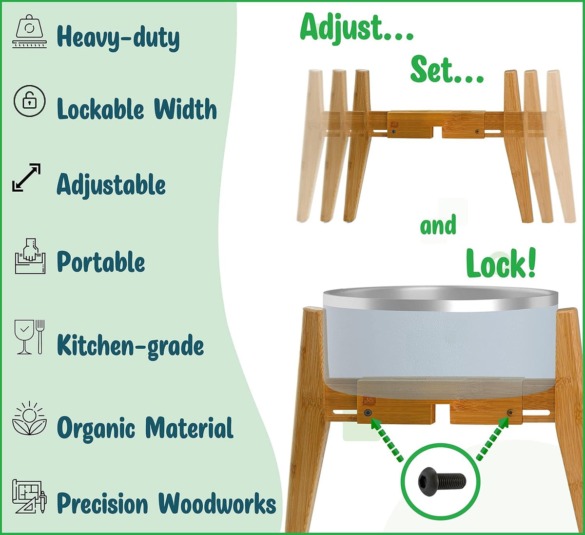Dog Bowl Stand for Mid-Large Dogs | Adjustable, Bamboo, 12-inch High | Use to Elevate, Raise Pet Food Water and Slow Feeder Bowls, Expandable with Locking Option, Non-Slip Feet, Stand Only