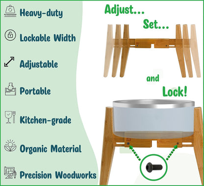 Dog Bowl Stand for Mid-Large Dogs | Adjustable, Bamboo, 12-inch High | Use to Elevate, Raise Pet Food Water and Slow Feeder Bowls, Expandable with Locking Option, Non-Slip Feet, Stand Only