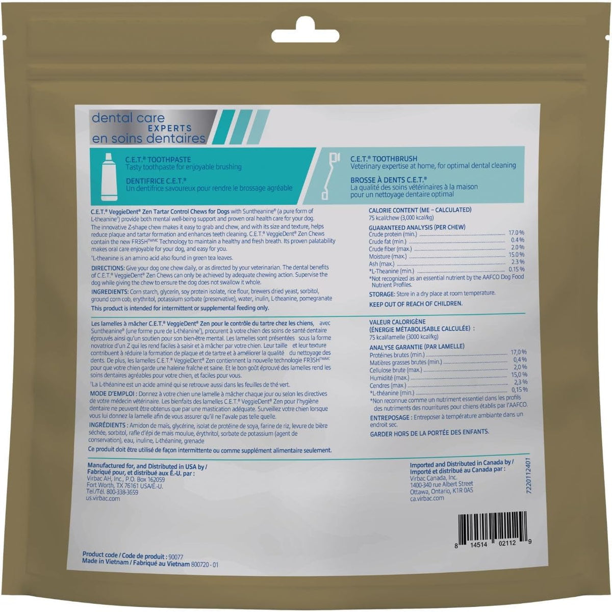 C.E.T. Veggiedent Fr3sh & Zen Plaque and Tartar Control Chews for Dogs, S