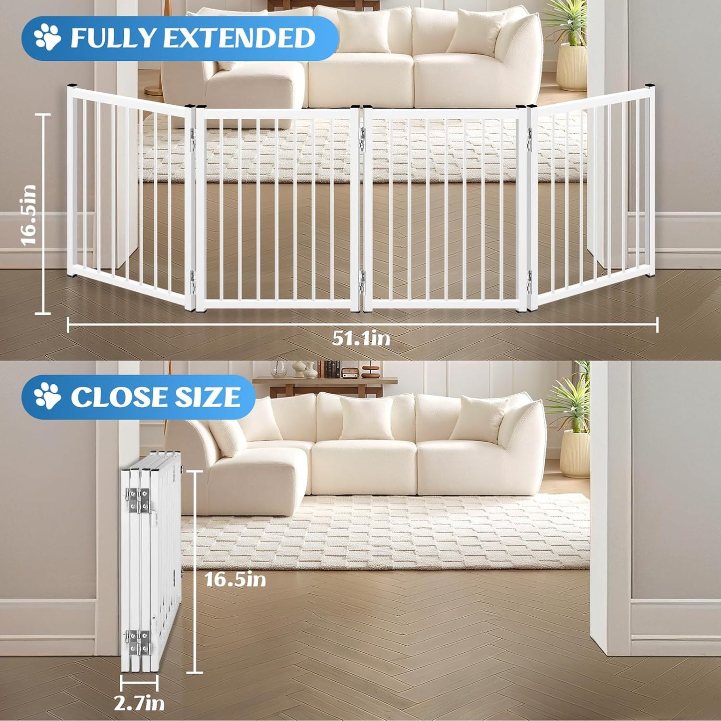Freestanding Short Dog Gate, 16.5" Tall Small Pet Gate Easily Step Over, Metal Foldable Pet Gate, Up to 51" Wide Puppy Fence, Gate for Stairs and Doorways, Indoor, Outdoor Use, No Drill Pressure Mount