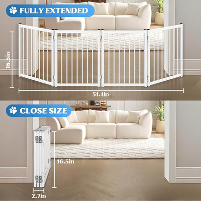 Freestanding Short Dog Gate, 16.5" Tall Small Pet Gate Easily Step Over, Metal Foldable Pet Gate, Up to 51" Wide Puppy Fence, Gate for Stairs and Doorways, Indoor, Outdoor Use, No Drill Pressure Mount