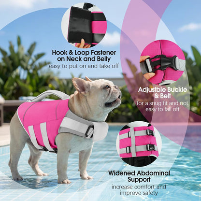 Medium Dog Life Jacket High Flotation, Ripstop Reflective Dog Life Vest for Swimming Boating, Safety Lifesaver with Rescue Handle & Buoyancy, Adjustable Swimming Vest for Medium Dogs,Rose,M