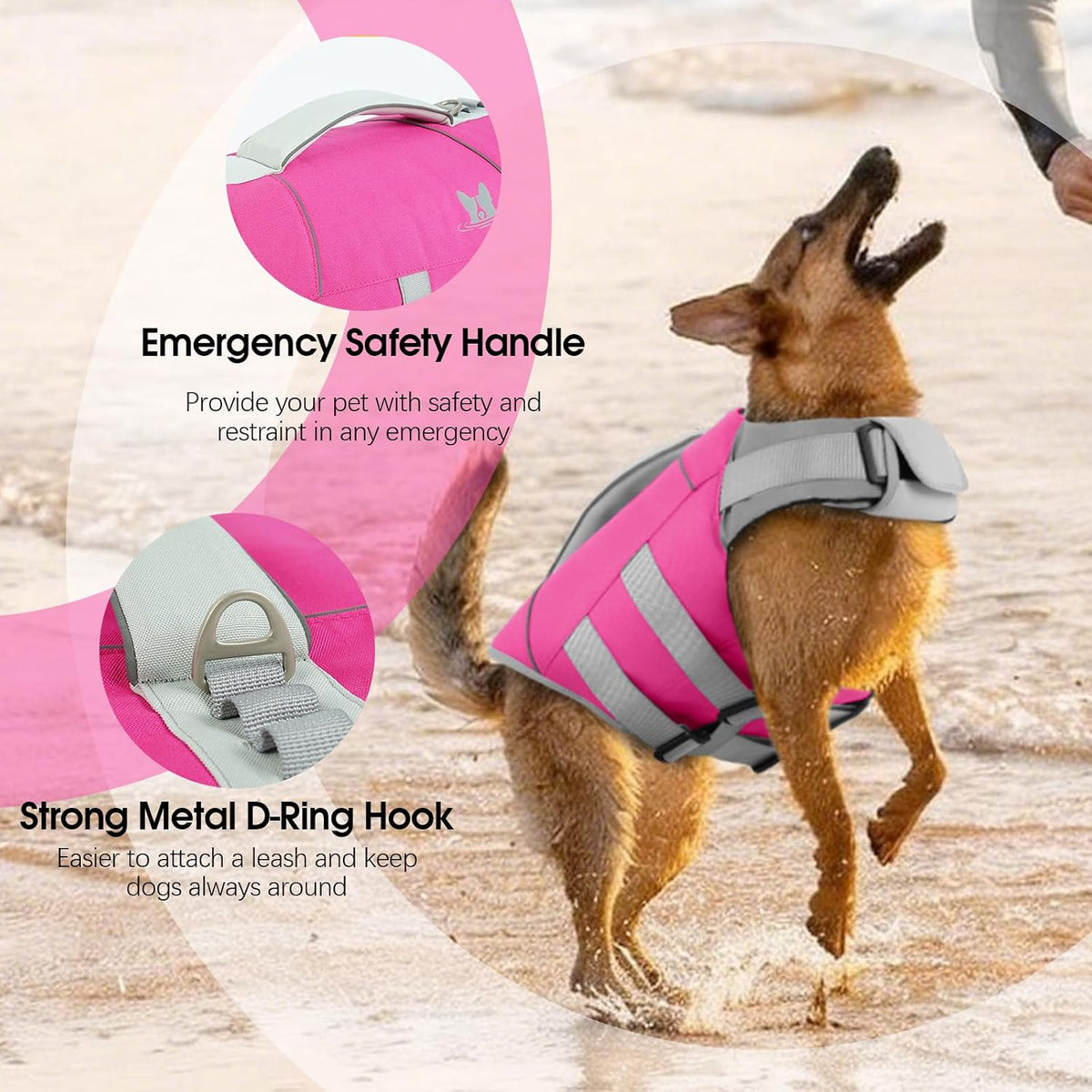 Medium Dog Life Jacket High Flotation, Ripstop Reflective Dog Life Vest for Swimming Boating, Safety Lifesaver with Rescue Handle & Buoyancy, Adjustable Swimming Vest for Medium Dogs,Rose,M