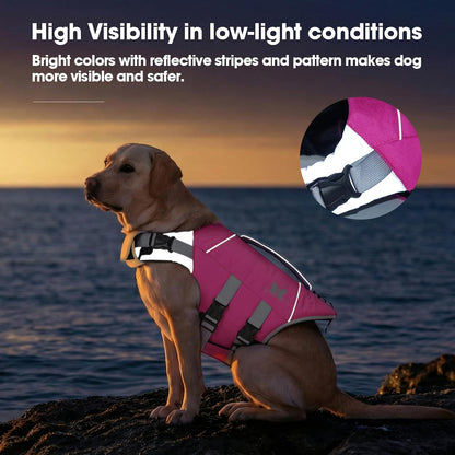 Medium Dog Life Jacket High Flotation, Ripstop Reflective Dog Life Vest for Swimming Boating, Safety Lifesaver with Rescue Handle & Buoyancy, Adjustable Swimming Vest for Medium Dogs,Rose,M