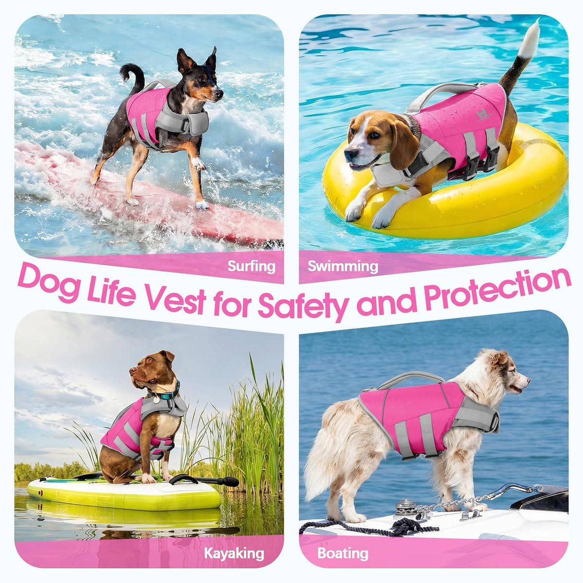 Medium Dog Life Jacket High Flotation, Ripstop Reflective Dog Life Vest for Swimming Boating, Safety Lifesaver with Rescue Handle & Buoyancy, Adjustable Swimming Vest for Medium Dogs,Rose,M