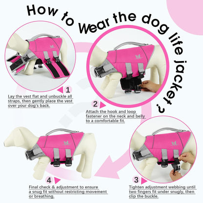 Medium Dog Life Jacket High Flotation, Ripstop Reflective Dog Life Vest for Swimming Boating, Safety Lifesaver with Rescue Handle & Buoyancy, Adjustable Swimming Vest for Medium Dogs,Rose,M