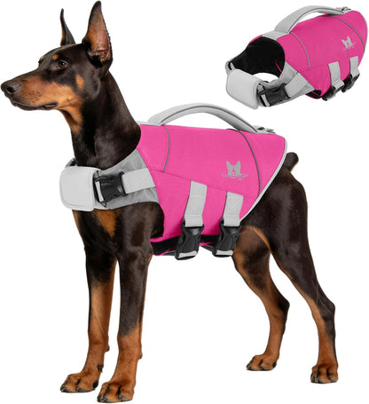 Medium Dog Life Jacket High Flotation, Ripstop Reflective Dog Life Vest for Swimming Boating, Safety Lifesaver with Rescue Handle & Buoyancy, Adjustable Swimming Vest for Medium Dogs,Rose,M