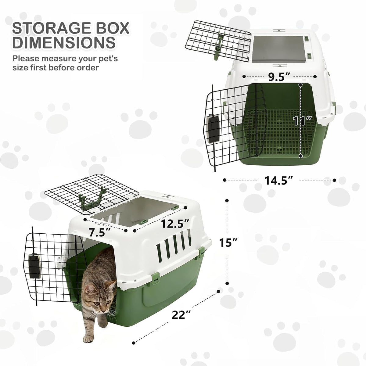 18-Inch 2-Door Top Loading Cat Carrier, Plastic Dog Crate Hard-Sided Dog Travel Carrier for Small Dogs and Cats, Ventilation and Security Lock Design for Pets up to 10 lbs (Green)