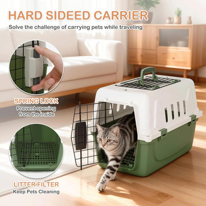 18-Inch 2-Door Top Loading Cat Carrier, Plastic Dog Crate Hard-Sided Dog Travel Carrier for Small Dogs and Cats, Ventilation and Security Lock Design for Pets up to 10 lbs (Green)