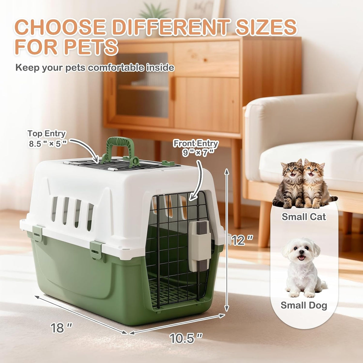 18-Inch 2-Door Top Loading Cat Carrier, Plastic Dog Crate Hard-Sided Dog Travel Carrier for Small Dogs and Cats, Ventilation and Security Lock Design for Pets up to 10 lbs (Green)