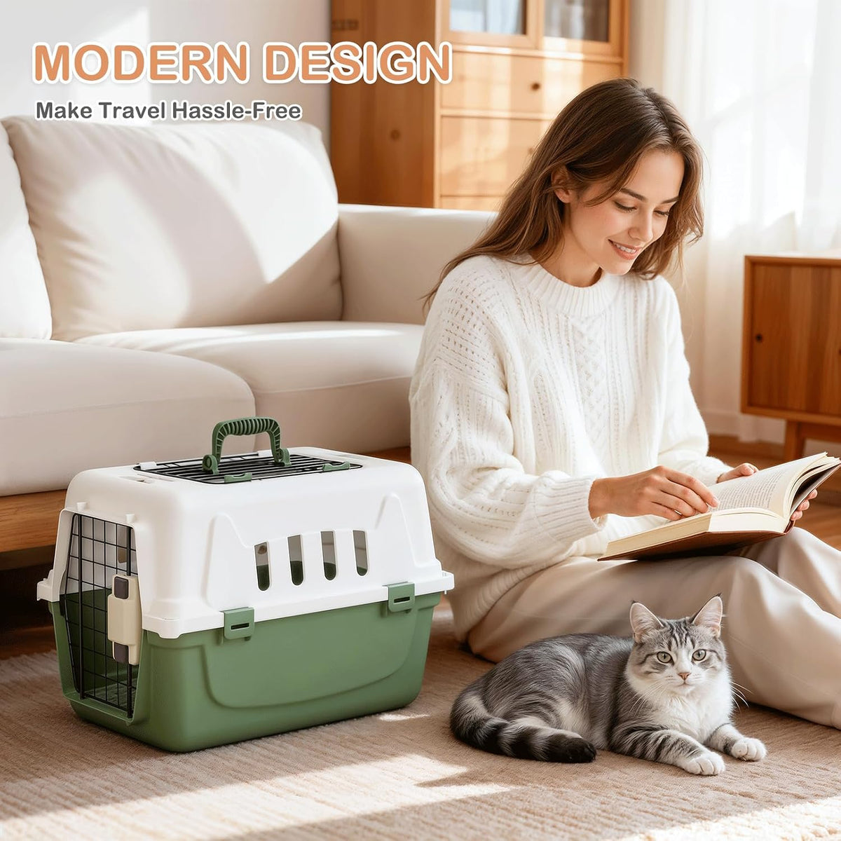 18-Inch 2-Door Top Loading Cat Carrier, Plastic Dog Crate Hard-Sided Dog Travel Carrier for Small Dogs and Cats, Ventilation and Security Lock Design for Pets up to 10 lbs (Green)