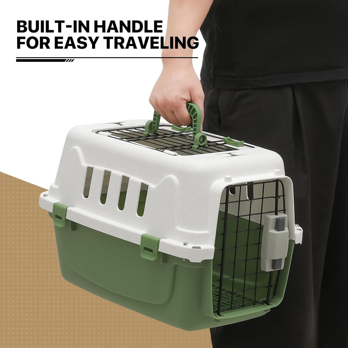 18-Inch 2-Door Top Loading Cat Carrier, Plastic Dog Crate Hard-Sided Dog Travel Carrier for Small Dogs and Cats, Ventilation and Security Lock Design for Pets up to 10 lbs (Green)