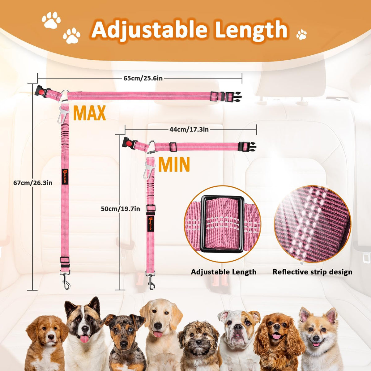 Removable Dog Seat Belt Harness for Car, 3 in 1 Pet Dog Car Seatbelt Leash, Retractable Restraint Secures to Vehicle Headrest & Adjustable Reflective Bungee Dog Seatbelt Tether, Blue and Black