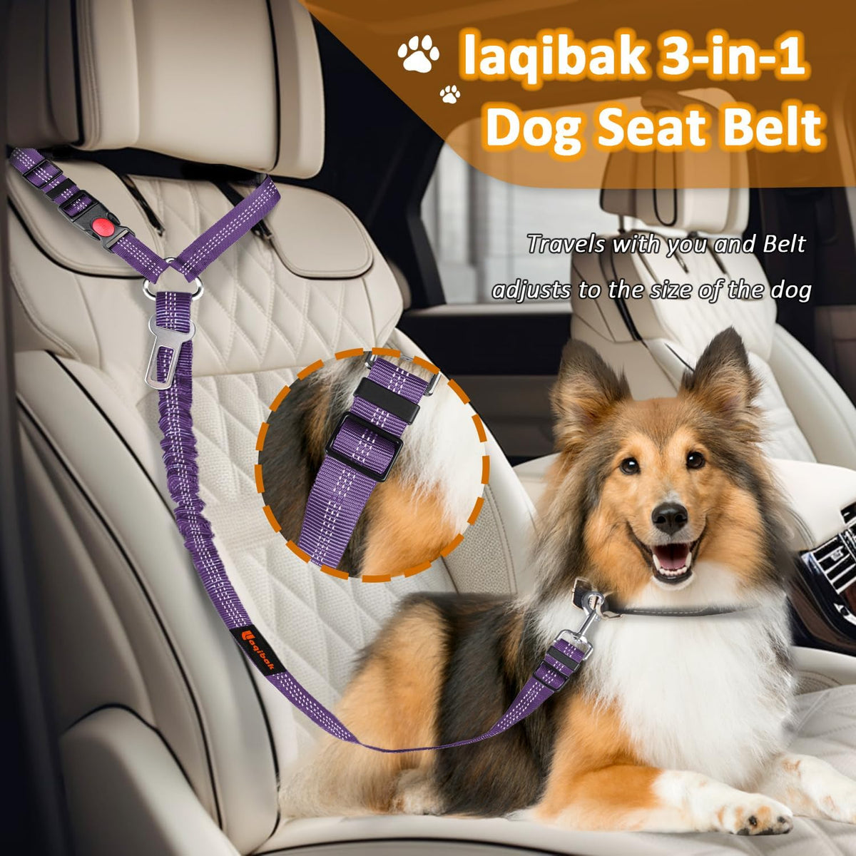 Removable Dog Seat Belt Harness for Car, 3 in 1 Pet Dog Car Seatbelt Leash, Retractable Restraint Secures to Vehicle Headrest & Adjustable Reflective Bungee Dog Seatbelt Tether, Blue and Black