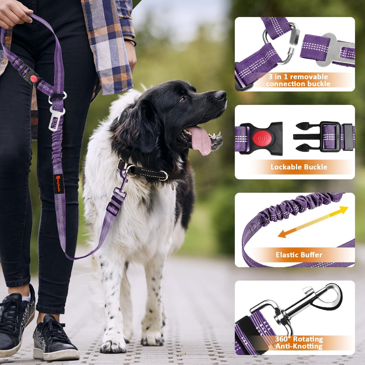 Removable Dog Seat Belt Harness for Car, 3 in 1 Pet Dog Car Seatbelt Leash, Retractable Restraint Secures to Vehicle Headrest & Adjustable Reflective Bungee Dog Seatbelt Tether, Blue and Black
