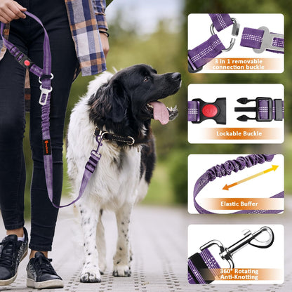 Removable Dog Seat Belt Harness for Car, 3 in 1 Pet Dog Car Seatbelt Leash, Retractable Restraint Secures to Vehicle Headrest & Adjustable Reflective Bungee Dog Seatbelt Tether, Blue and Black