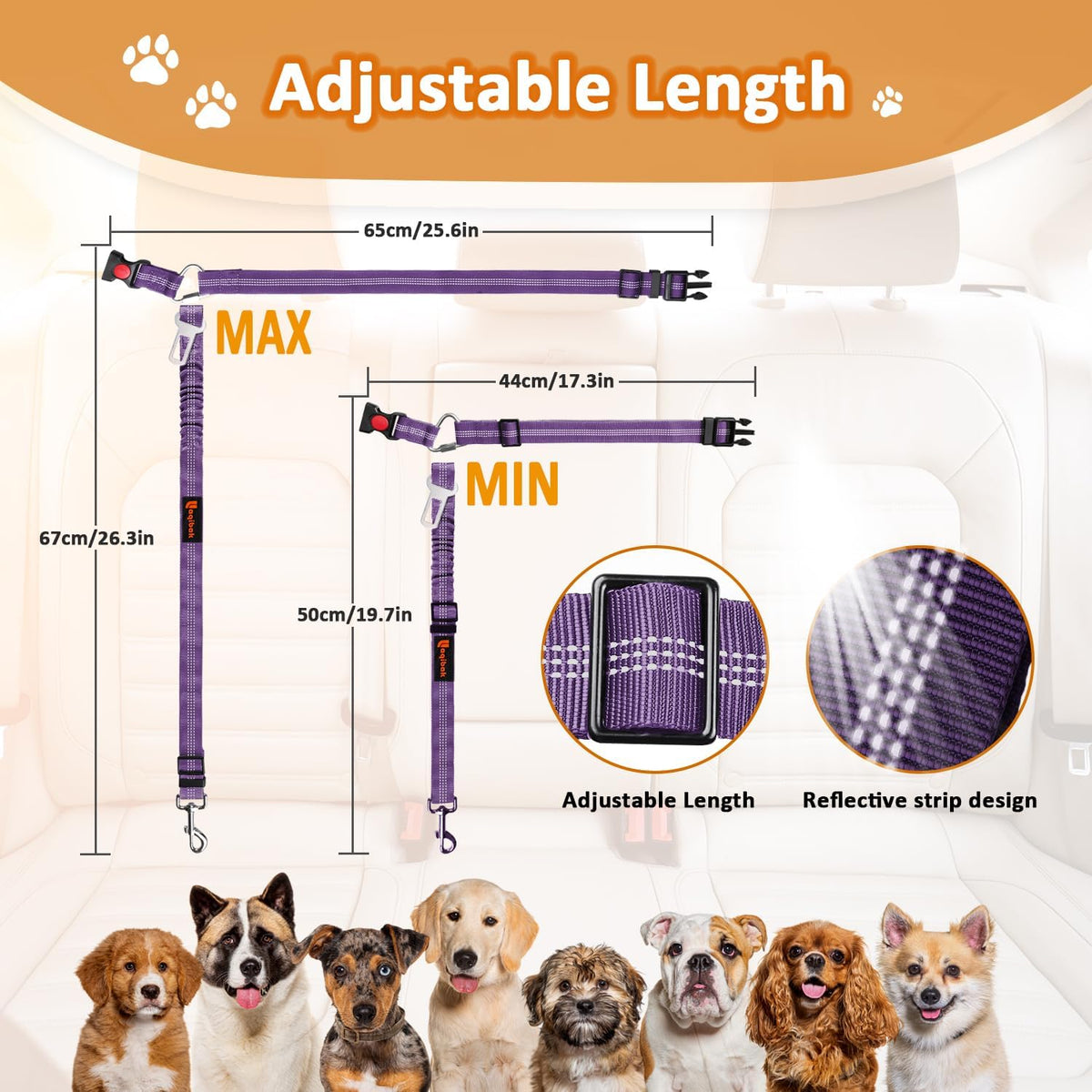 Removable Dog Seat Belt Harness for Car, 3 in 1 Pet Dog Car Seatbelt Leash, Retractable Restraint Secures to Vehicle Headrest & Adjustable Reflective Bungee Dog Seatbelt Tether, Blue and Black