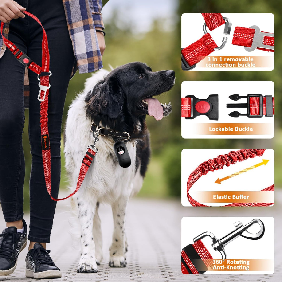 Removable Dog Seat Belt Harness for Car, 3 in 1 Pet Dog Car Seatbelt Leash, Retractable Restraint Secures to Vehicle Headrest & Adjustable Reflective Bungee Dog Seatbelt Tether, Blue and Black