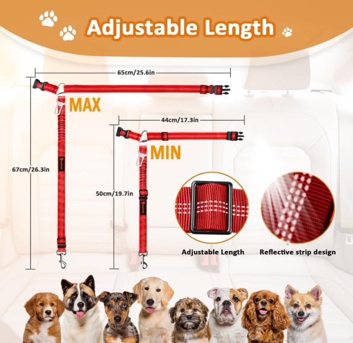 Removable Dog Seat Belt Harness for Car, 3 in 1 Pet Dog Car Seatbelt Leash, Retractable Restraint Secures to Vehicle Headrest & Adjustable Reflective Bungee Dog Seatbelt Tether, Blue and Black