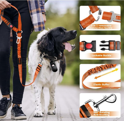 Removable Dog Seat Belt Harness for Car, 3 in 1 Pet Dog Car Seatbelt Leash, Retractable Restraint Secures to Vehicle Headrest & Adjustable Reflective Bungee Dog Seatbelt Tether, Blue and Black