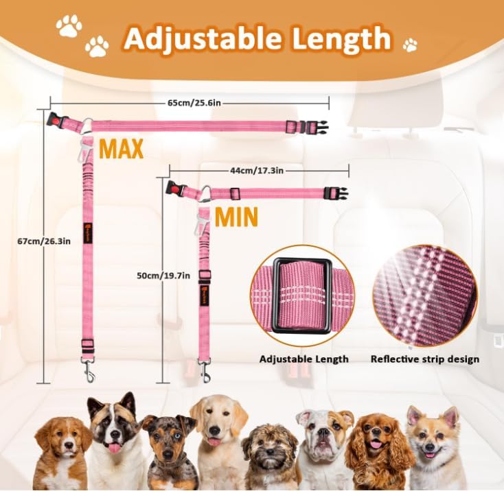 Removable Dog Seat Belt Harness for Car, 3 in 1 Pet Dog Car Seatbelt Leash, Retractable Restraint Secures to Vehicle Headrest & Adjustable Reflective Bungee Dog Seatbelt Tether, Blue and Black