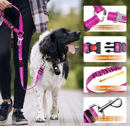 Removable Dog Seat Belt Harness for Car, 3 in 1 Pet Dog Car Seatbelt Leash, Retractable Restraint Secures to Vehicle Headrest & Adjustable Reflective Bungee Dog Seatbelt Tether, Blue and Black