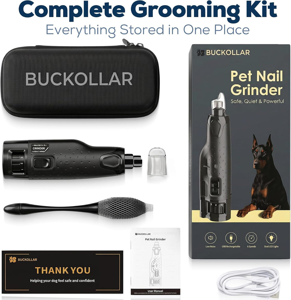 Dog Nail Grinder for Large Dogs, Quiet 6-Speed with LED Light
