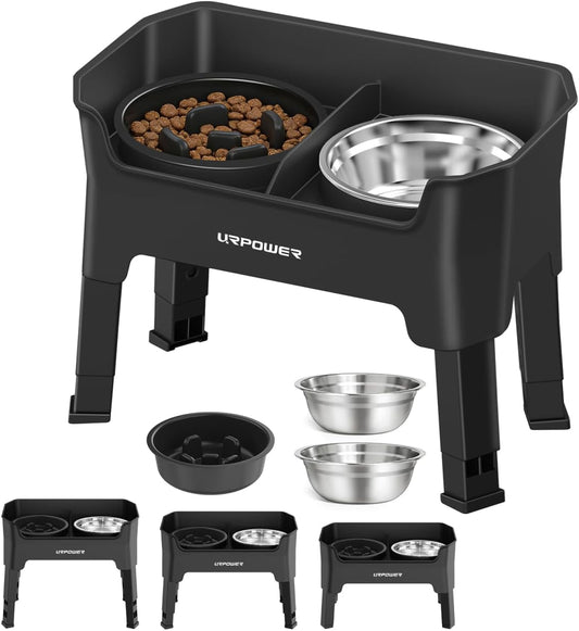 Elevated Dog Bowls, 3-in-1 Double Deck Raised Dog Bowl Stand | 4 Height Adjustable Raised Stand with 2 Stainless Steel Food Bowls & Licking Plate for Small, Medium & Large Dogs