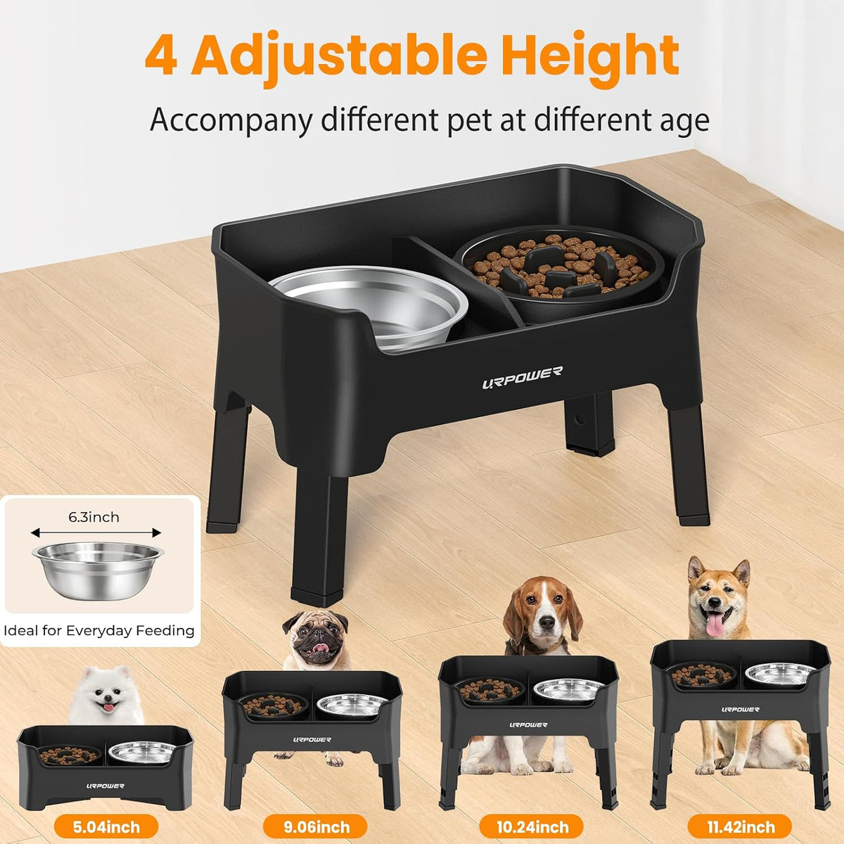 Elevated Dog Bowls, 3-in-1 Double Deck Raised Dog Bowl Stand | 4 Height Adjustable Raised Stand with 2 Stainless Steel Food Bowls & Licking Plate for Small, Medium & Large Dogs