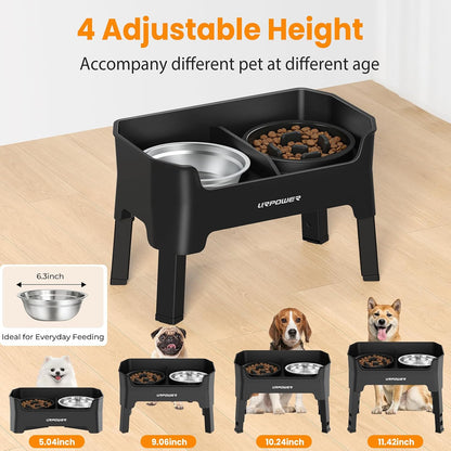Elevated Dog Bowls, 3-in-1 Double Deck Raised Dog Bowl Stand | 4 Height Adjustable Raised Stand with 2 Stainless Steel Food Bowls & Licking Plate for Small, Medium & Large Dogs