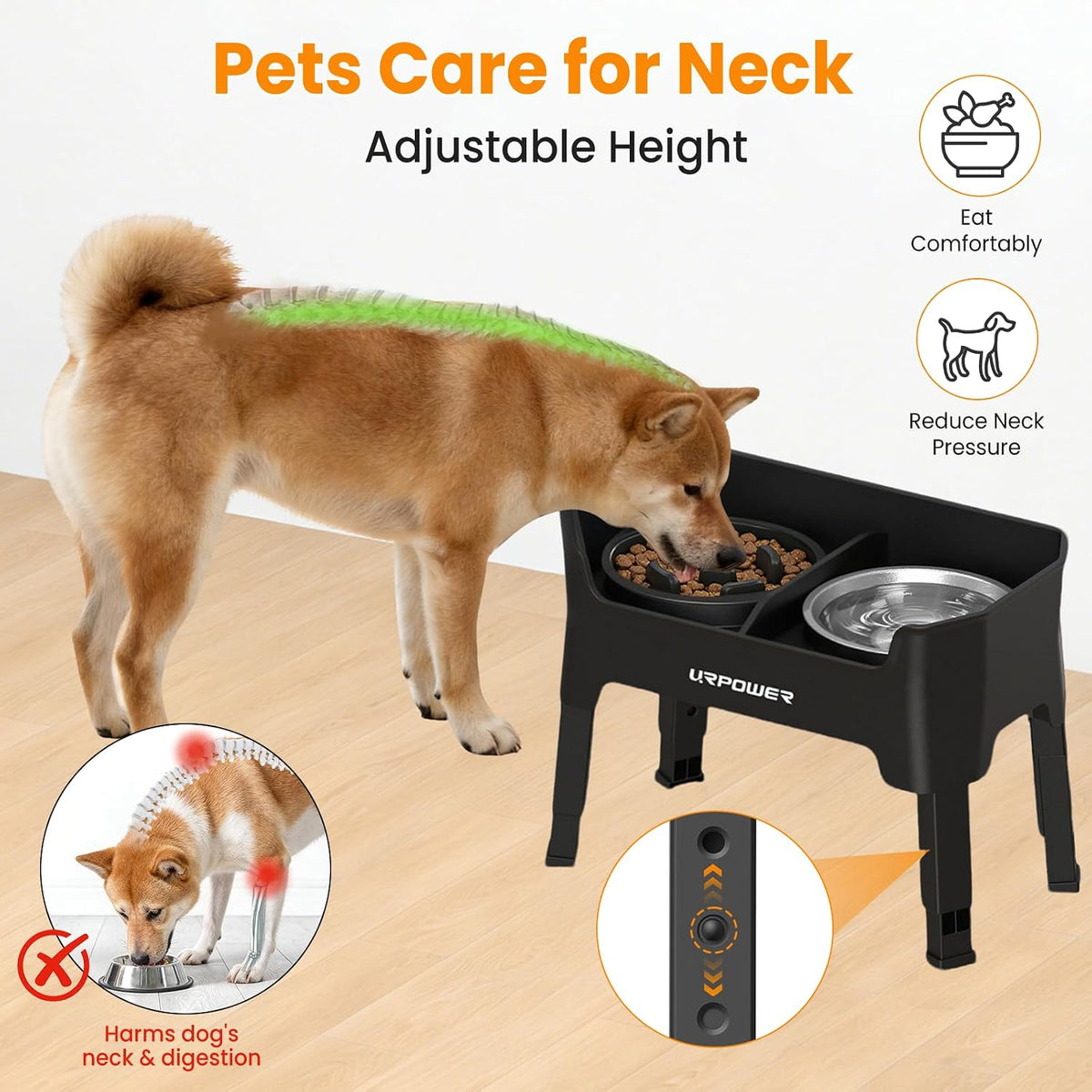 Elevated Dog Bowls, 3-in-1 Double Deck Raised Dog Bowl Stand | 4 Height Adjustable Raised Stand with 2 Stainless Steel Food Bowls & Licking Plate for Small, Medium & Large Dogs