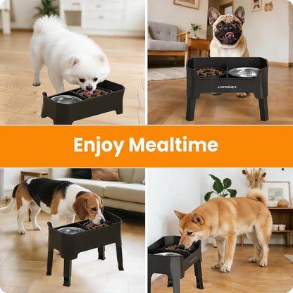 Elevated Dog Bowls, 3-in-1 Double Deck Raised Dog Bowl Stand | 4 Height Adjustable Raised Stand with 2 Stainless Steel Food Bowls & Licking Plate for Small, Medium & Large Dogs
