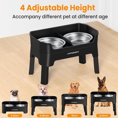 Elevated Dog Bowls, 3-in-1 Double Deck Raised Dog Bowl Stand | 4 Height Adjustable Raised Stand with 2 Stainless Steel Food Bowls & Licking Plate for Small, Medium & Large Dogs