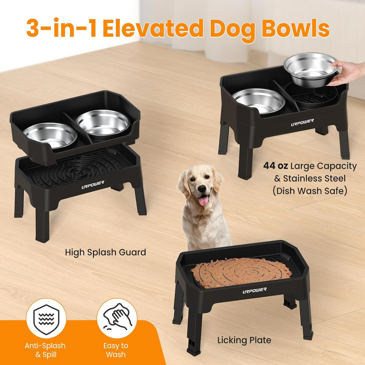 Elevated Dog Bowls, 3-in-1 Double Deck Raised Dog Bowl Stand | 4 Height Adjustable Raised Stand with 2 Stainless Steel Food Bowls & Licking Plate for Small, Medium & Large Dogs
