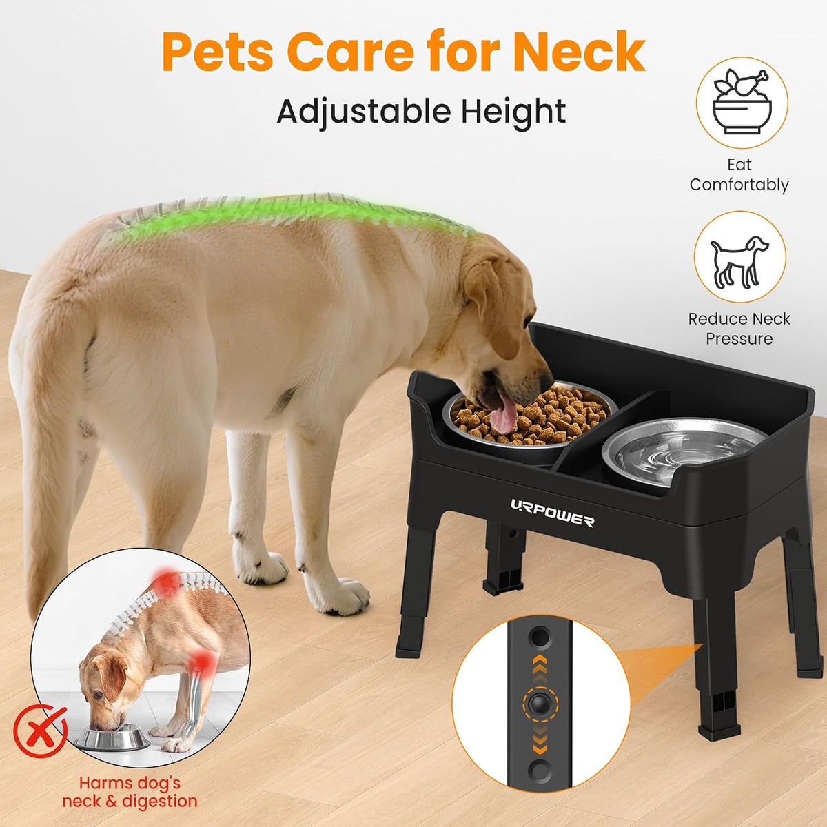 Elevated Dog Bowls, 3-in-1 Double Deck Raised Dog Bowl Stand | 4 Height Adjustable Raised Stand with 2 Stainless Steel Food Bowls & Licking Plate for Small, Medium & Large Dogs