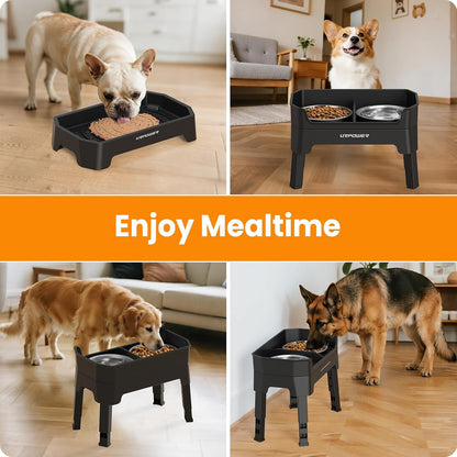 Elevated Dog Bowls, 3-in-1 Double Deck Raised Dog Bowl Stand | 4 Height Adjustable Raised Stand with 2 Stainless Steel Food Bowls & Licking Plate for Small, Medium & Large Dogs