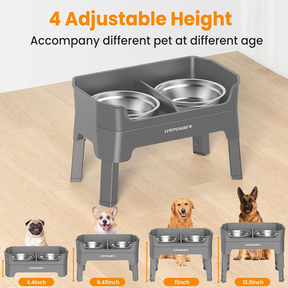 Elevated Dog Bowls, 3-in-1 Double Deck Raised Dog Bowl Stand | 4 Height Adjustable Raised Stand with 2 Stainless Steel Food Bowls & Licking Plate for Small, Medium & Large Dogs