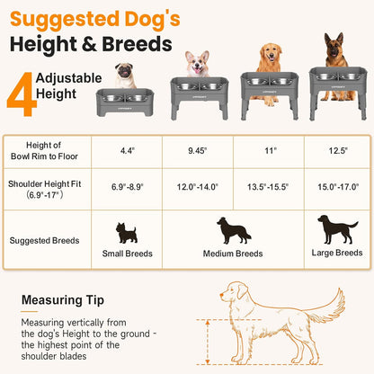 Elevated Dog Bowls, 3-in-1 Double Deck Raised Dog Bowl Stand | 4 Height Adjustable Raised Stand with 2 Stainless Steel Food Bowls & Licking Plate for Small, Medium & Large Dogs