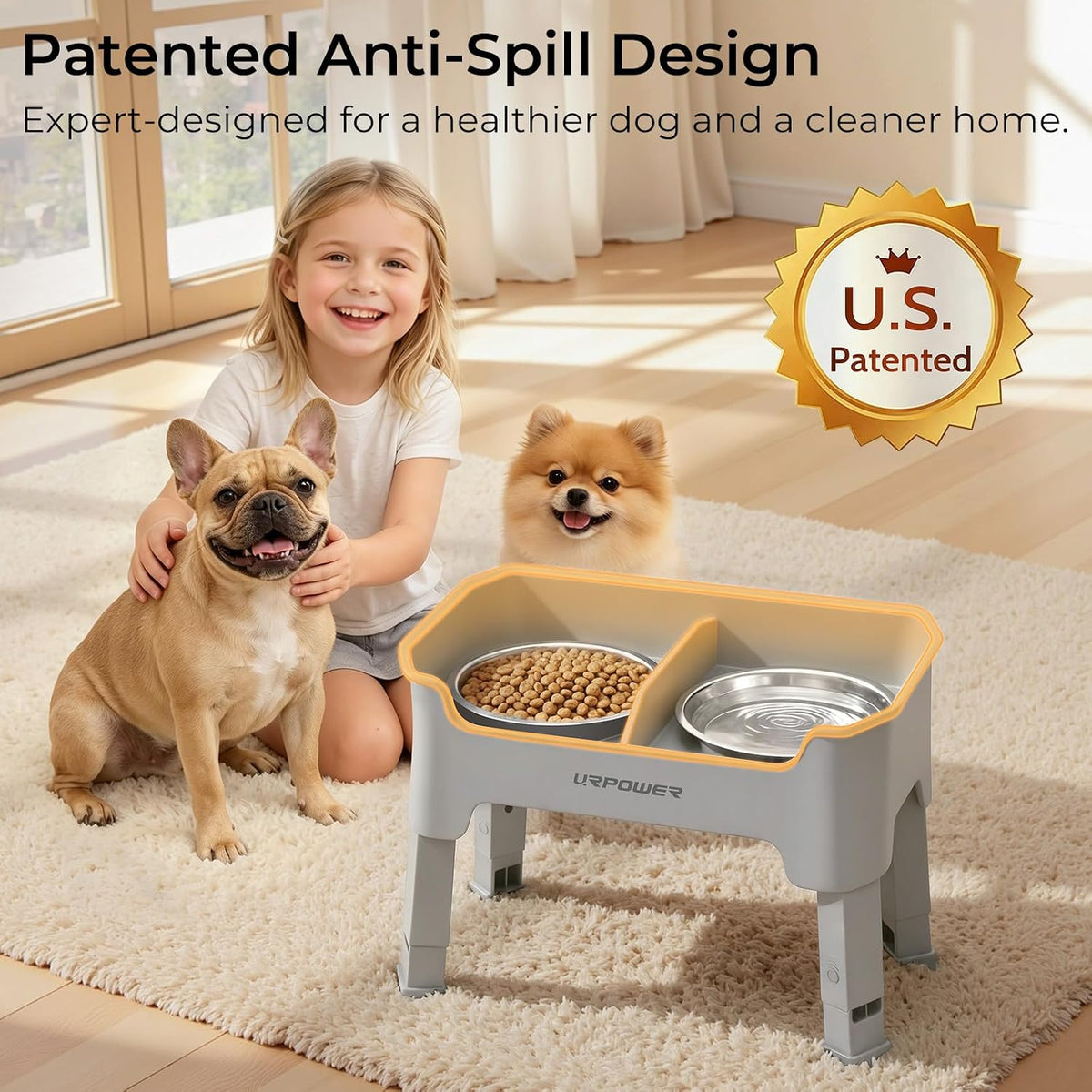 Elevated Dog Bowls, 3-in-1 Double Deck Raised Dog Bowl Stand | 4 Height Adjustable Raised Stand with 2 Stainless Steel Food Bowls & Licking Plate for Small, Medium & Large Dogs