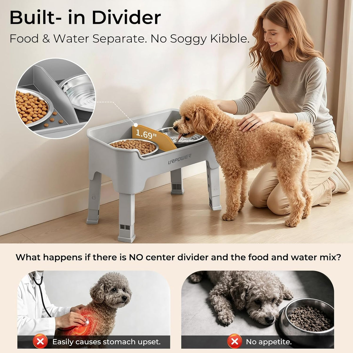 Elevated Dog Bowls, 3-in-1 Double Deck Raised Dog Bowl Stand | 4 Height Adjustable Raised Stand with 2 Stainless Steel Food Bowls & Licking Plate for Small, Medium & Large Dogs