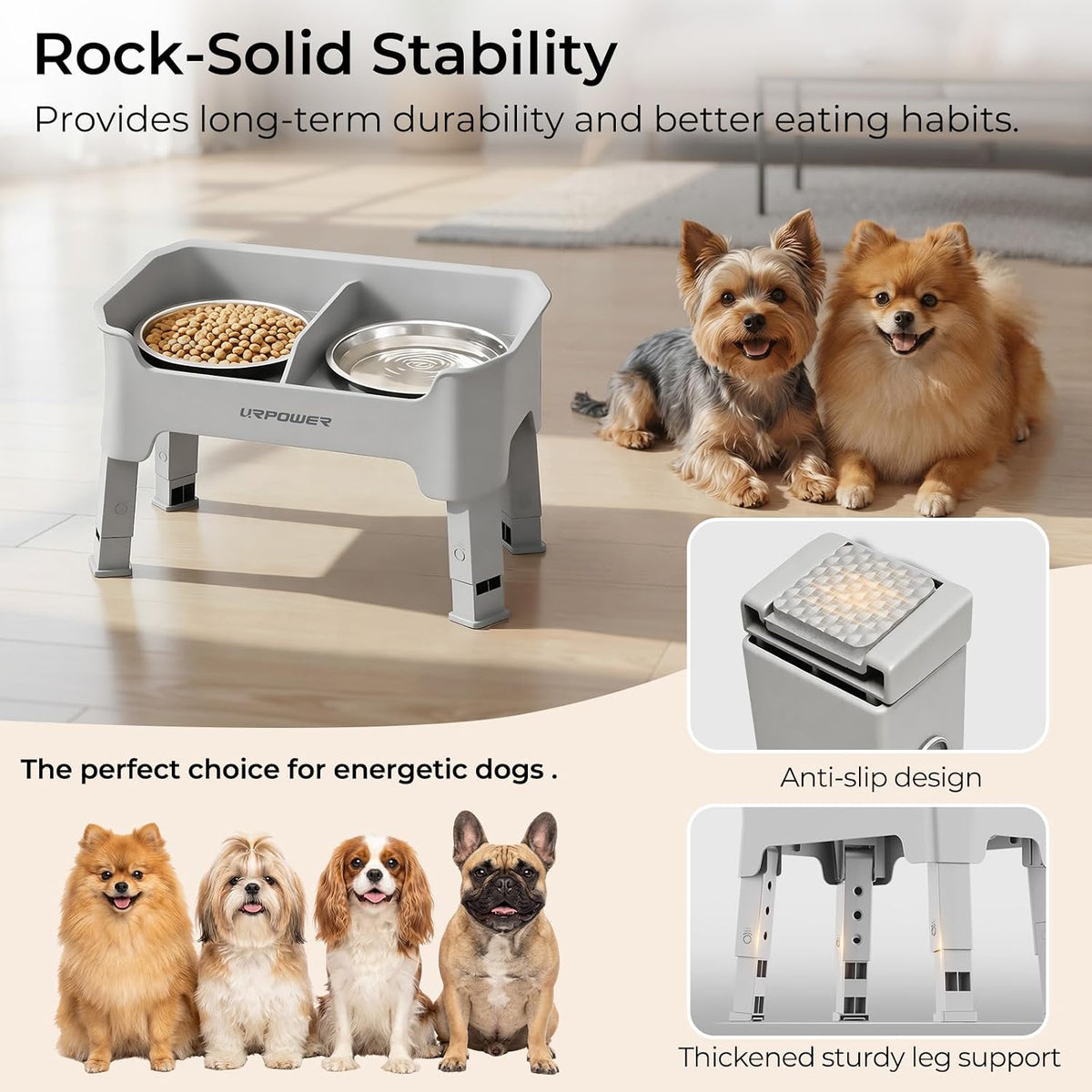 Elevated Dog Bowls, 3-in-1 Double Deck Raised Dog Bowl Stand | 4 Height Adjustable Raised Stand with 2 Stainless Steel Food Bowls & Licking Plate for Small, Medium & Large Dogs