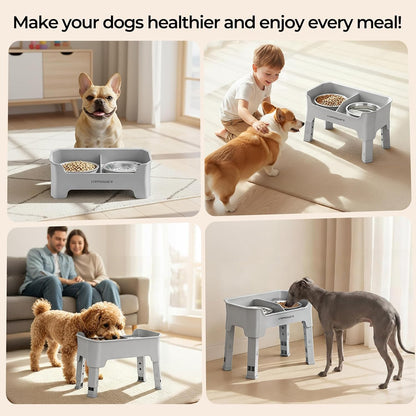 Elevated Dog Bowls, 3-in-1 Double Deck Raised Dog Bowl Stand | 4 Height Adjustable Raised Stand with 2 Stainless Steel Food Bowls & Licking Plate for Small, Medium & Large Dogs