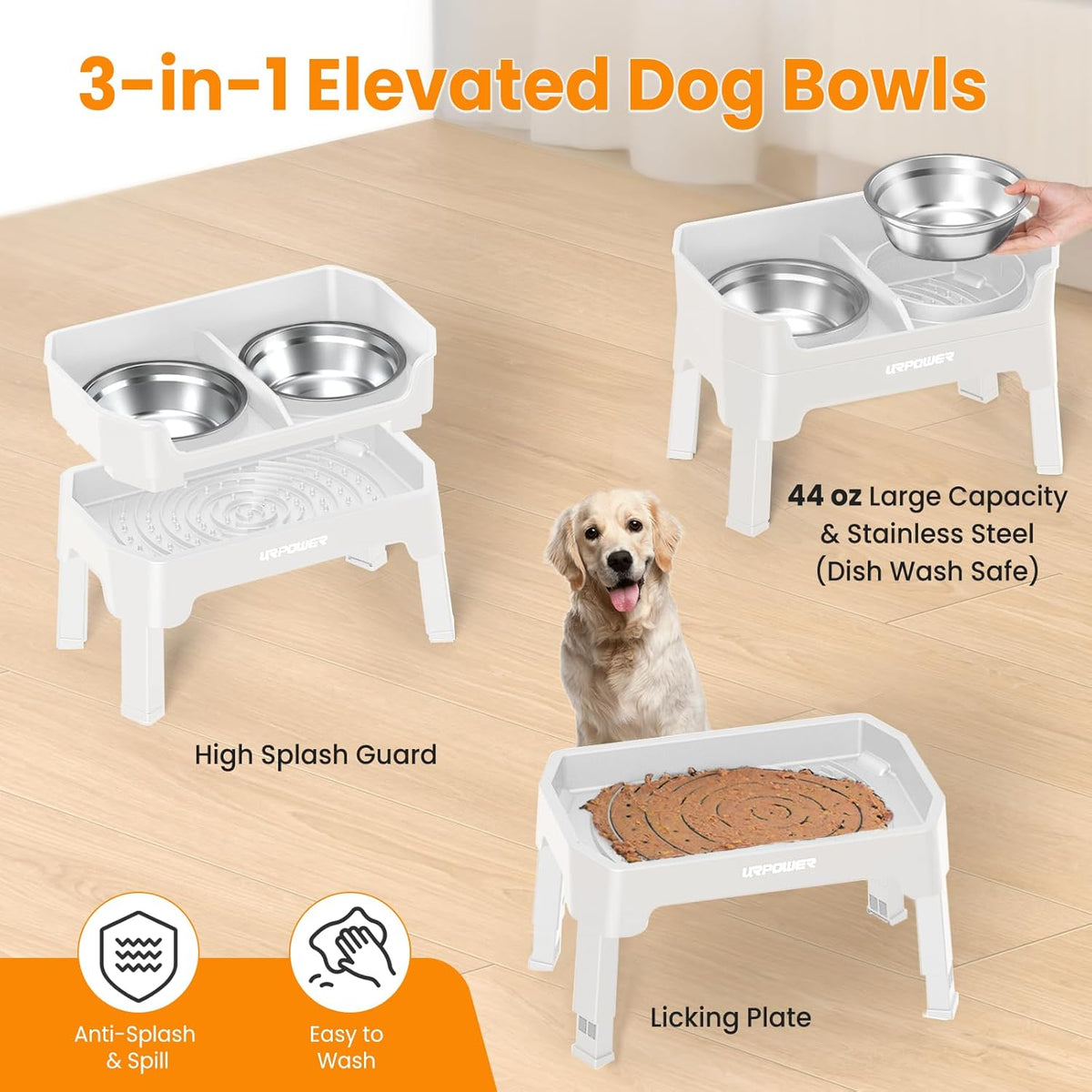 Elevated Dog Bowls, 3-in-1 Double Deck Raised Dog Bowl Stand | 4 Height Adjustable Raised Stand with 2 Stainless Steel Food Bowls & Licking Plate for Small, Medium & Large Dogs