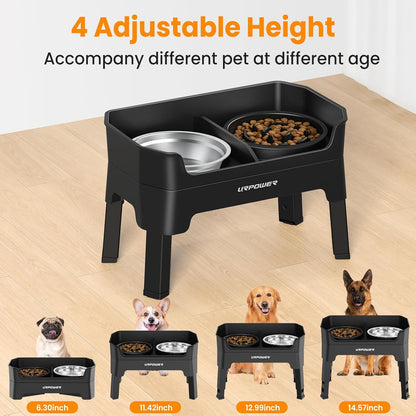 Elevated Dog Bowls, 3-in-1 Double Deck Raised Dog Bowl Stand | 4 Height Adjustable Raised Stand with 2 Stainless Steel Food Bowls & Licking Plate for Small, Medium & Large Dogs